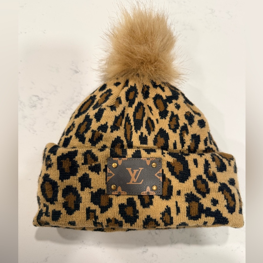 CC Boutique Leopard Print Pom Pom Beanie in Tan and Black